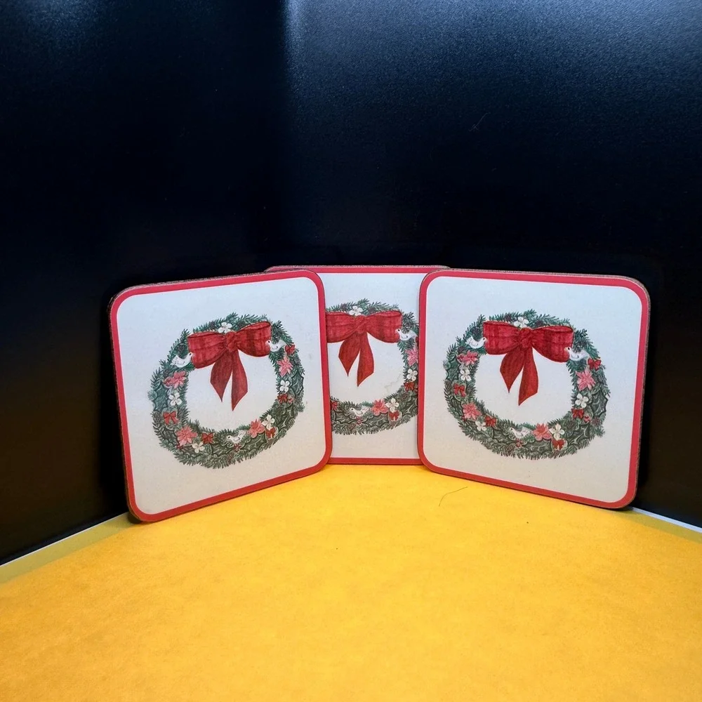 Pimpernel Vintage Christmas Coasters Set of 6 Wreath and Stocking IOB